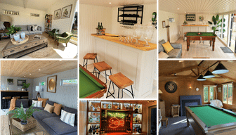 Collage of garden room interiors set up as Sports and Games bars. Featuring pool tables, neon signs and stocked bars